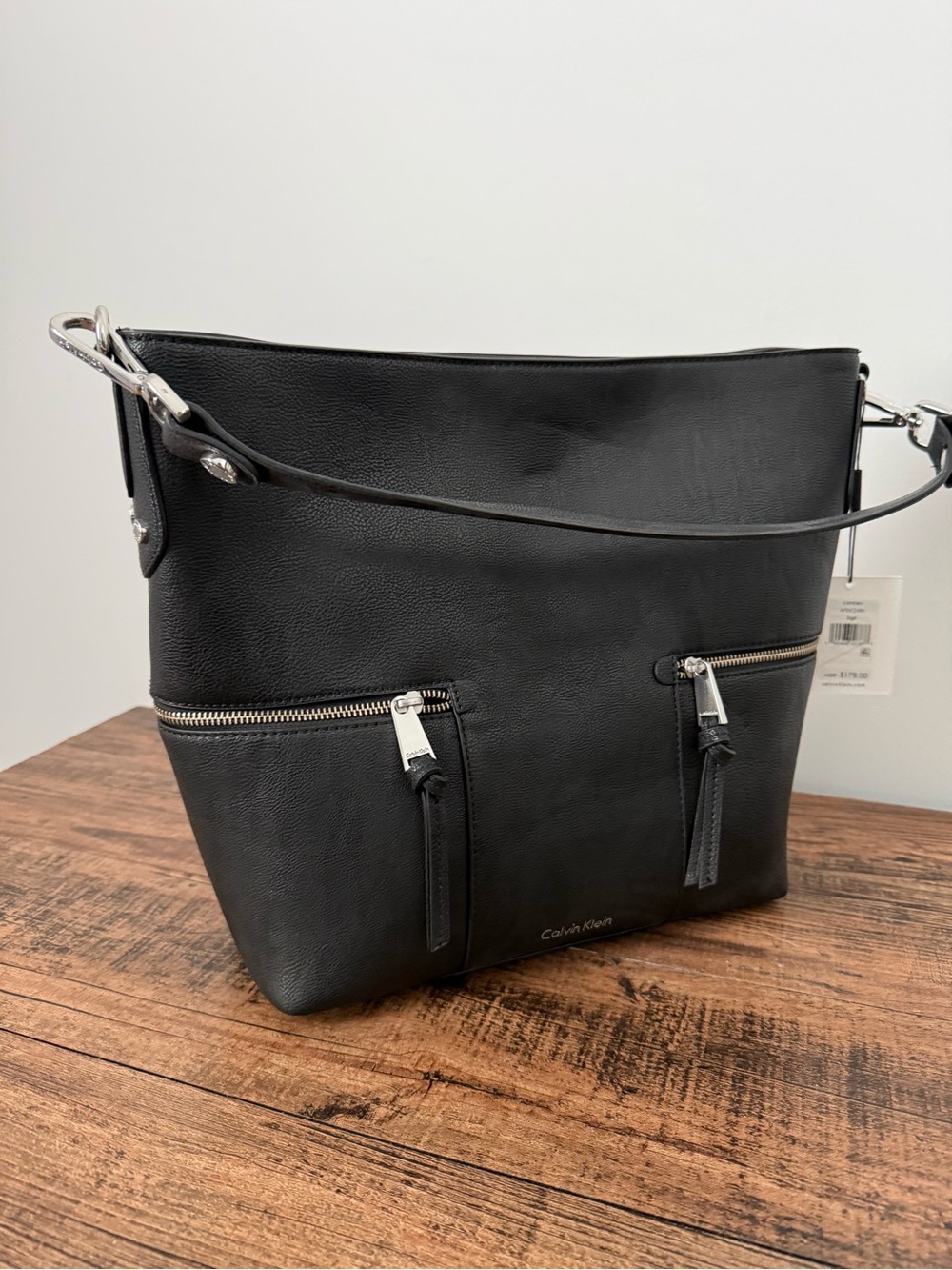 Calvin Klein Black Leatherette Zip-Front Shoulder Bag